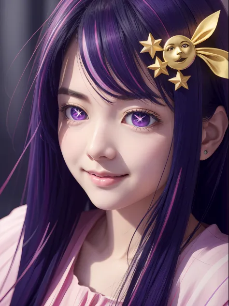 hoshino ai, europe youth, long hair, purple hair, streaked hair ,purple eyes, star-shaped pupils, (hair ornament:1.2),  star-sha...