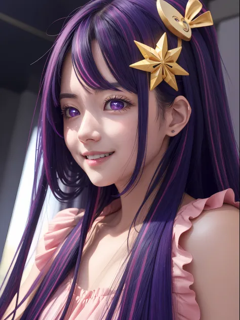 hoshino ai, europe youth, long hair, purple hair, streaked hair ,purple eyes, star-shaped pupils, (hair ornament:1.2),  star-sha...