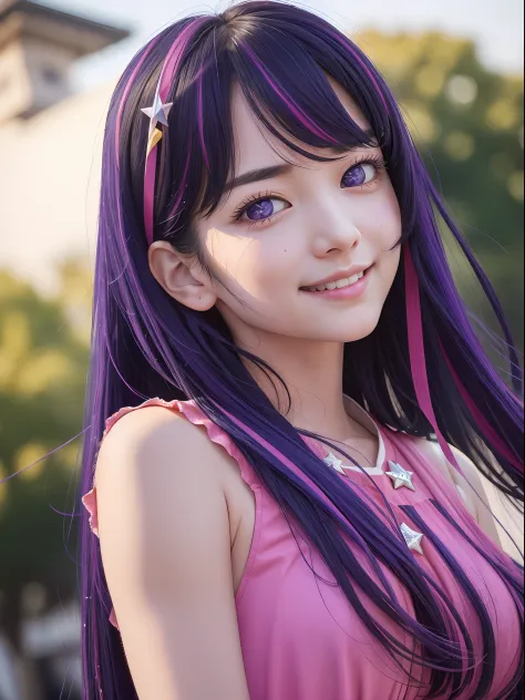 hoshino ai, europe youth, long hair, purple hair, streaked hair ,purple eyes, star-shaped pupils, (hair ornament:1.2),  star-sha...