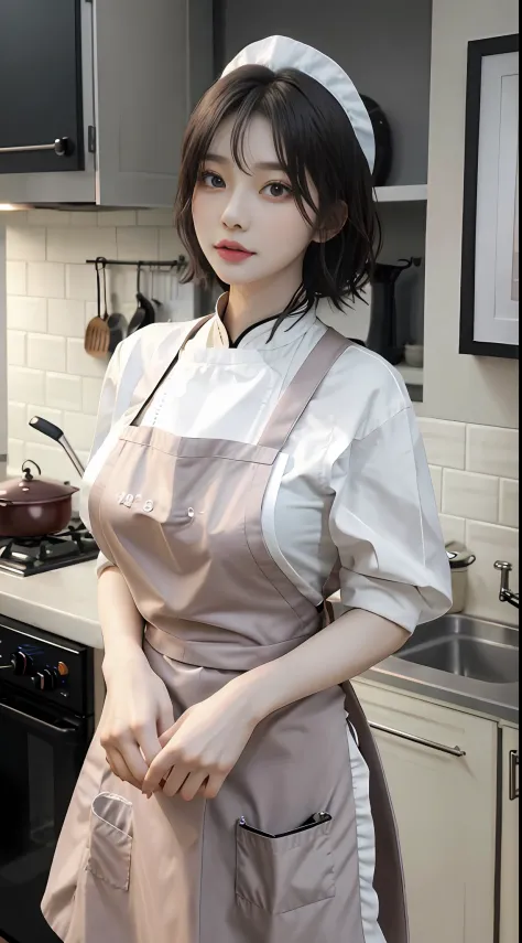 top image quality、raw photography、extra high resolution、16-year-old korean、culinary apron、black apron、large round breasts、short ...