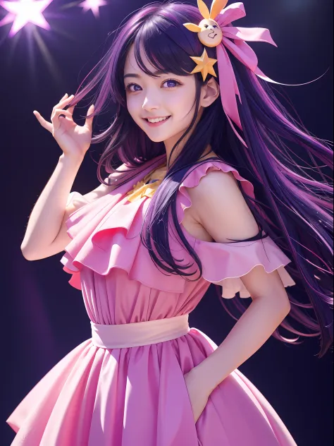 hoshino ai, europe youth, long hair, purple hair, streaked hair ,purple eyes, (star-shaped pupils:1.2), (hair ornament:1.2),  st...