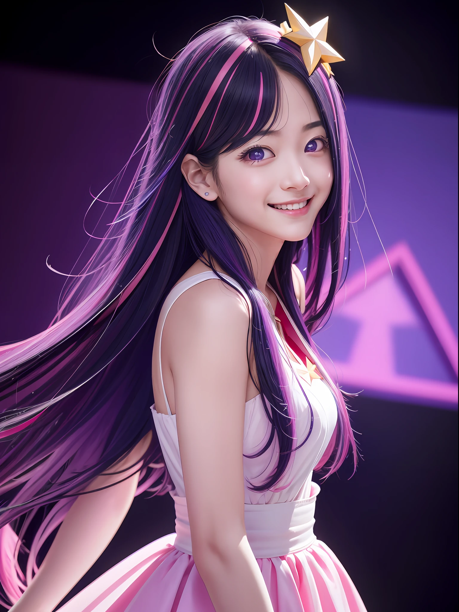 hoshino Ai, europe youth, long hair, purple hair, streaked hair ,purple eyes, (star-shaped pupils:1.2), (hair ornament:1.2),  star-shaped pupils, (1 girl), (masterpiece, best quality:1.4), (modern days), 1girl, solo, pov, sfw, stunning girlfriend, (standing:1.1), dynamic pose, highly detailed skin, skin pores, subsurface scattering, medium breast, loving smile, full body, wide shot, singing on a performance, pink idol dress, full lips, detailed background, depth of field, atmospheric perspective, volumetric lighting, sharp focus, absurdres, realistic proportions, good anatomy, (realistic, hyperrealistic:1.4), 16k hdr,