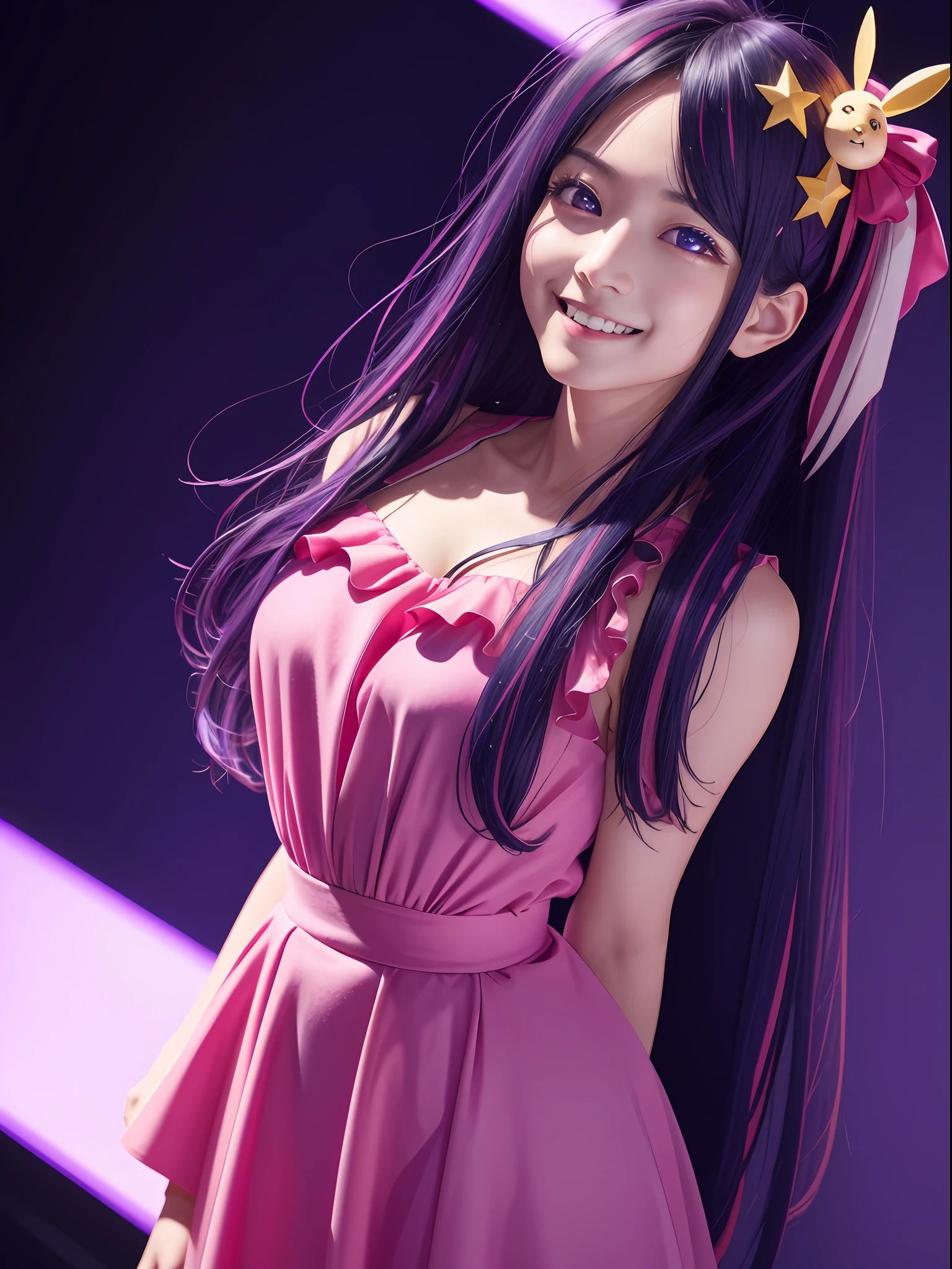 hoshino Ai, europe youth, long hair, purple hair, streaked hair ,purple eyes, (star-shaped pupils:1.2), (hair ornament:1.2),  star-shaped pupils, (1 girl), (masterpiece, best quality:1.4), (modern days), 1girl, solo, pov, sfw, stunning girlfriend, (standing:1.1), dynamic pose, highly detailed skin, skin pores, subsurface scattering, medium breast, loving smile, full body, wide shot, singing on a performance, pink idol dress, full lips, detailed background, depth of field, atmospheric perspective, volumetric lighting, sharp focus, absurdres, realistic proportions, good anatomy, (realistic, hyperrealistic:1.4), 16k hdr,