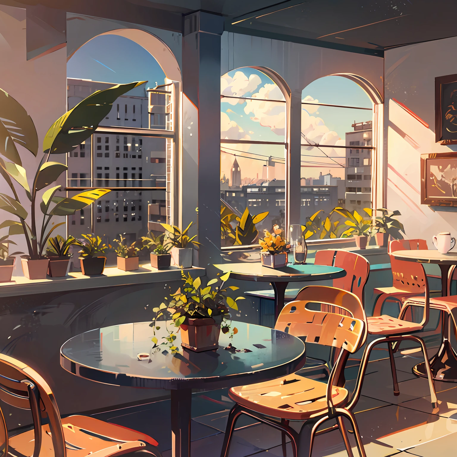 Healing cute style of natural landscape、vibrant illustrations、​masterpiece、Warm and bright sunny atmosphere in the background、Beautiful scenes、Inside the café、Tables and chairs、Stylish espresso machine、houseplant、coffee、jazz