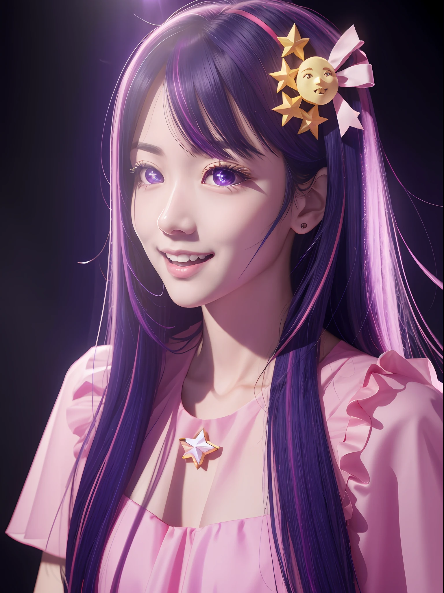 hoshino Ai, europe youth, long hair, purple hair, streaked hair ,purple eyes, (star-shaped pupils:1.2), (hair ornament:1.2),  star-shaped pupils, (1 girl), (masterpiece, best quality:1.4), (modern days), 1girl, solo, pov, sfw, stunning girlfriend, (standing:1.1), dynamic pose, highly detailed skin, skin pores, subsurface scattering, medium breast, loving smile, full body, wide shot, singing on a performance, pink idol dress, full lips, detailed background, depth of field, atmospheric perspective, volumetric lighting, sharp focus, absurdres, realistic proportions, good anatomy, (realistic, hyperrealistic:1.4), 16k hdr,