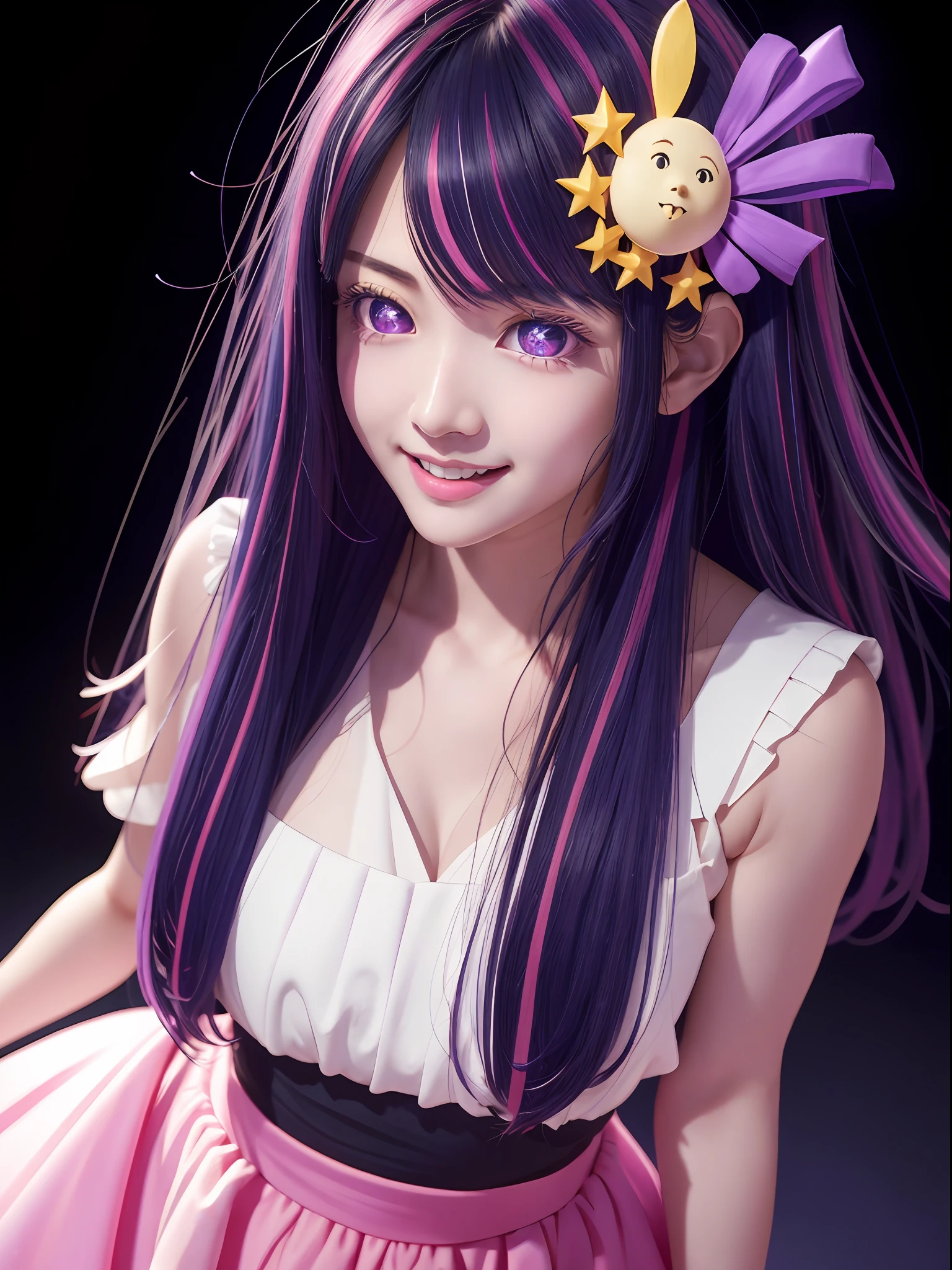 hoshino Ai, europe youth, long hair, purple hair, streaked hair ,purple eyes, (star-shaped pupils:1.2), (hair ornament:1.2),  star-shaped pupils, (1 girl), (masterpiece, best quality:1.4), (modern days), 1girl, solo, pov, sfw, stunning girlfriend, (standing:1.1), dynamic pose, highly detailed skin, skin pores, subsurface scattering, medium breast, loving smile, full body, wide shot, singing on a performance, pink idol dress, full lips, detailed background, depth of field, atmospheric perspective, volumetric lighting, sharp focus, absurdres, realistic proportions, good anatomy, (realistic, hyperrealistic:1.4), 16k hdr,