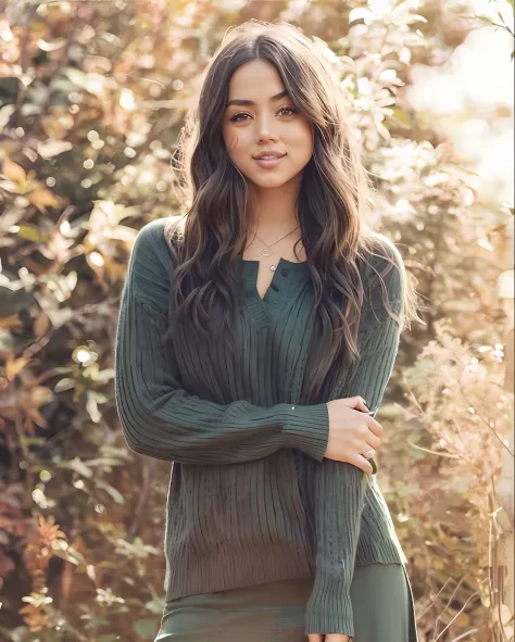 a woman in a green sweater and skirt posing for a photo, gorgeous female jade tailor, chloe bennet, pokimane, isabela moner, mul...