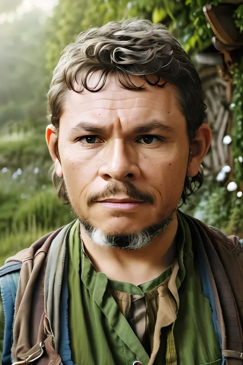 guttonervision8, create a hyper-realistic portrait of a man resembling a hobbit from the stories of the lord of the rings, with ...