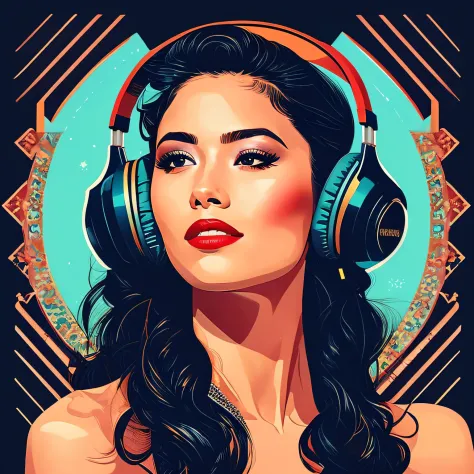 (masterpiece, best quality, beautiful:1.4), a woman with headphones on singing into a microphone, in style of digital illustrati...