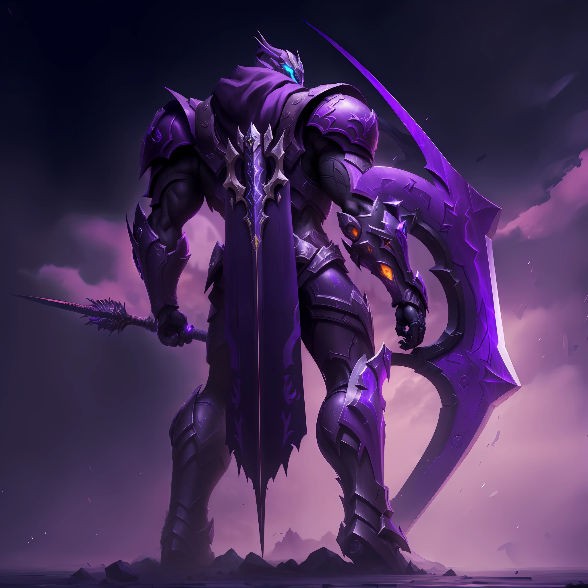 Arafed image of a purple and black robot with a sword, 8 K HD WallpaperArtefato jpeg, 8k hd wallpaperjpeg artefato, arte oficial splash, armadura roxa, Darksiders Estilo de Arte, Arte conceitual da Riot Games, iconic character splash art, Estilo Darksiders, Arte conceitual de League of Legends, Arte conceitual do jogo Blizzard, arte conceitual