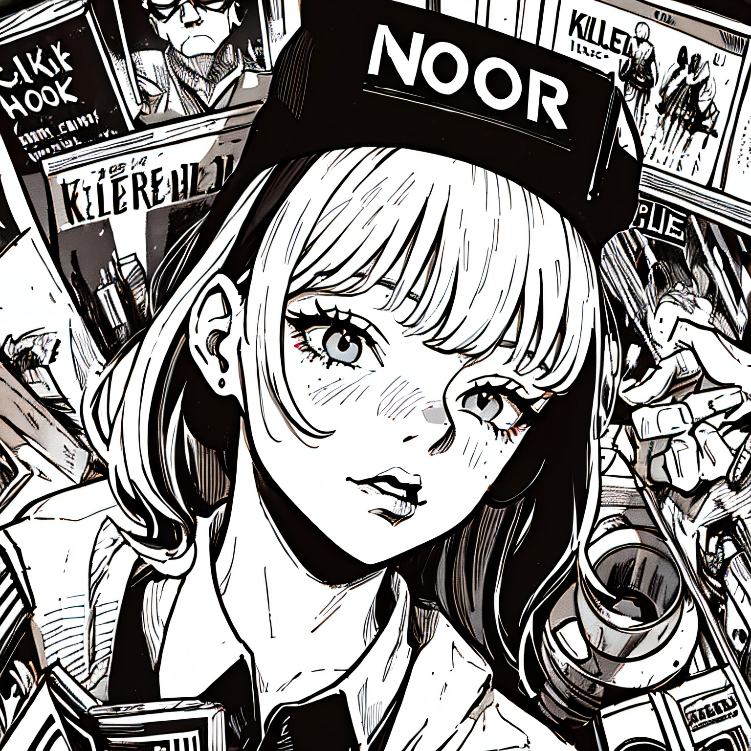 (Noir Comics-style illustration:1.2),(Black and white_High contrast),Killer