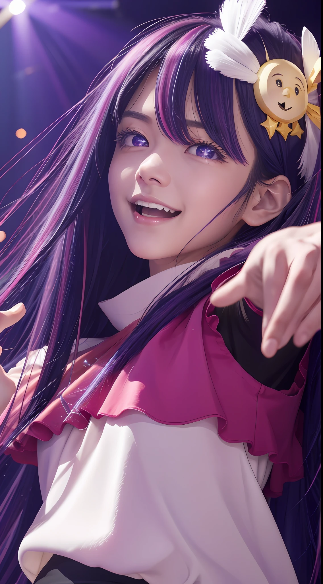 hoshino Ai, europe youth, long hair, purple hair, streaked hair ,purple eyes, star-shaped pupils, (hair ornament:1.2),  star-shaped pupils, star-shaped iris, 1 girl), (masterpiece, best quality:1.4), (modern days), 1girl, solo, pov, sfw, stunning girlfriend, (standing:1.1), highly detailed skin, skin pores, subsurface scattering, medium breast, loving smile, full body, wide shot, singing on a performance, on the stage, singing, pink idol dress, with a microphone, full lips, detailed background, depth of field, atmospheric perspective, volumetric lighting, sharp focus, absurdres, realistic proportions, good anatomy, (realistic, hyperrealistic:1.4), 16k hdr,