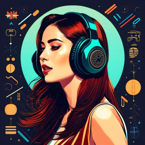 (masterpiece, best quality, beautiful:1.4), a woman with headphones on singing into a microphone, in style of digital illustrati...
