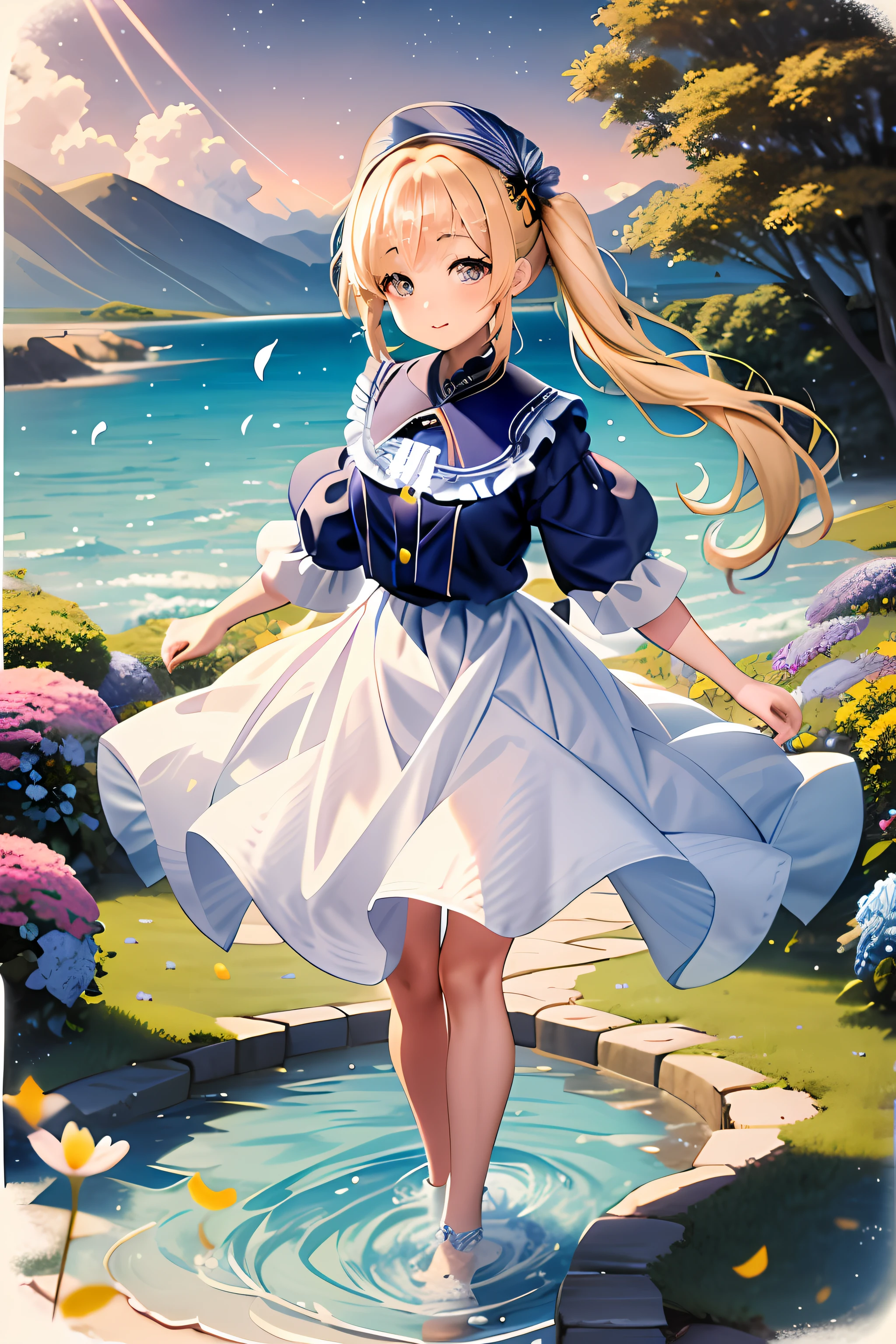 Anime girl in dress standing in water pool, loli in dress, splash art anime loli, , Cute anime waifu in a nice dress, Lori, maid clothes, marisa kirisame, cushart krenz key art feminine, a maid in a magical forest, marin kitagawa fanart, Official art, Artorian Pendragon