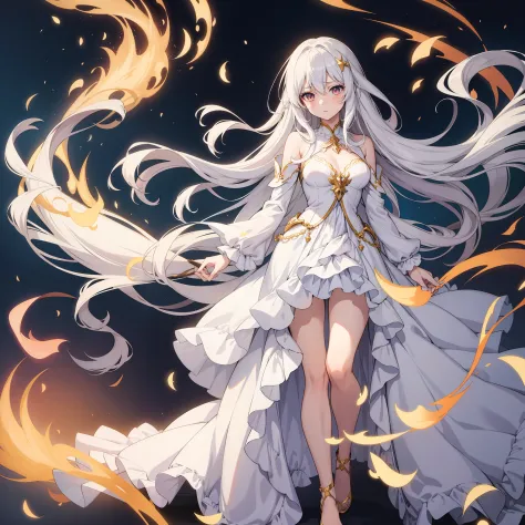Illustrate an anime girl with flowing hair, adorned in an elegant gown, and surrounded by a soft glow of magic, white hair, full...