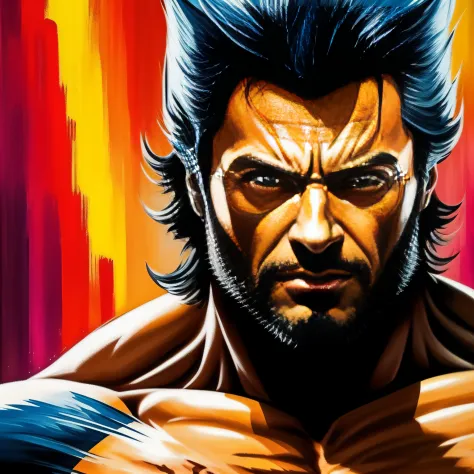 Wolverine com garras. Pintura estilo: "impressionismo", com cores vibrantes bem definidas em 8K. Paint in such a way that the characters are easily recognizable and reveal the perfection of the characters' facial expressions.