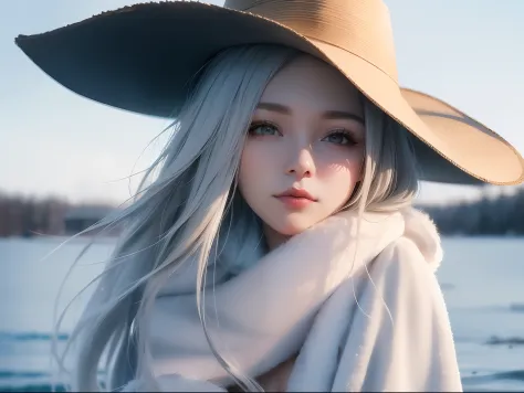best quality , winter,overcoat,cowboy hat,sideface,
warm light,water color, lovely 1girl, long silver hair,lips,cowboy shot, barefoot, fair skin