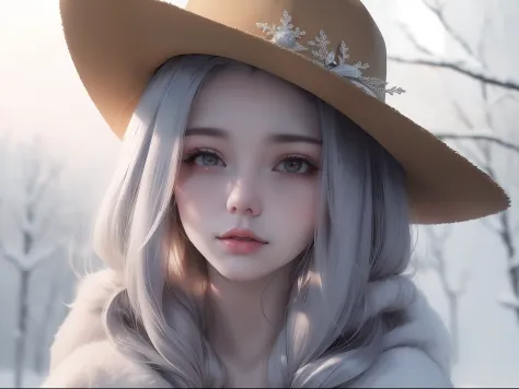 best qualtiy，at winter season，coat large，cowboy hat，sideface，Warm light，aquarelle, Lovely girl, Long silver hair, Gloss on lips，Cowboy style close-up，Barefoot，White Skin Skin。