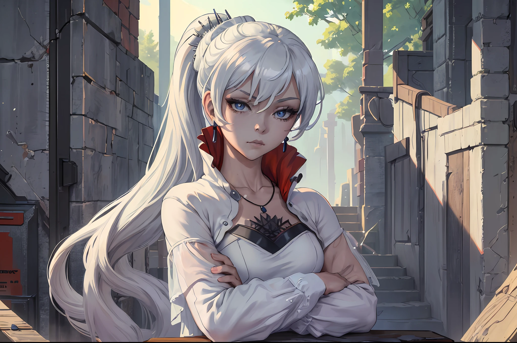 (Masterpiece, Best Quality:1.2),Cowboy shot,solo,1girl, white colored hair, Vaisvale,expressionless,closed mouth,looking a viewer,crossed arms,pony tail,scar across eye,whitedress,Jewelry,necklace,earings,upper-body, Remote Frame