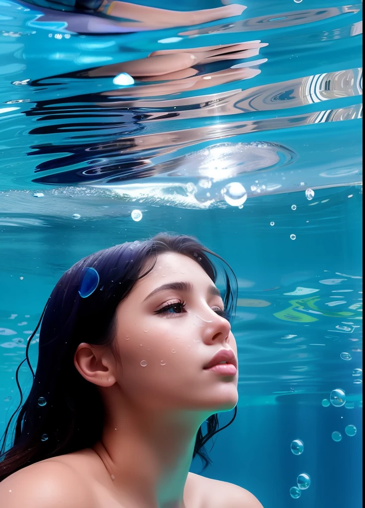 Rothaarige Meerjungfrau im Wasser, weibliche Serie, welliges und langes Haar, Seesterne, lebendiges Wasser, würde schwimmen, Himmlisches Gesicht, blaugrünes Meerwasser, Blasen im Wasser