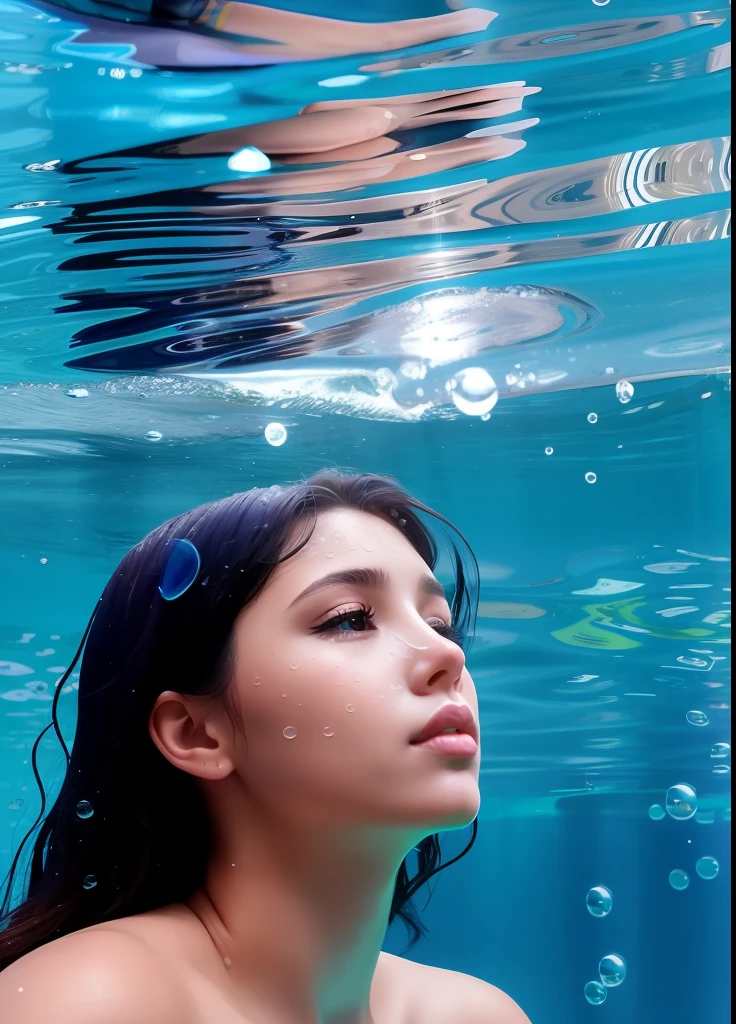 sirène rousse dans l'eau, série féminine, cheveux bouclés et longs, étoile de mer, eau vive, elle nageait, visage angélique, eau de mer bleu verdâtre, bulles dans l’eau