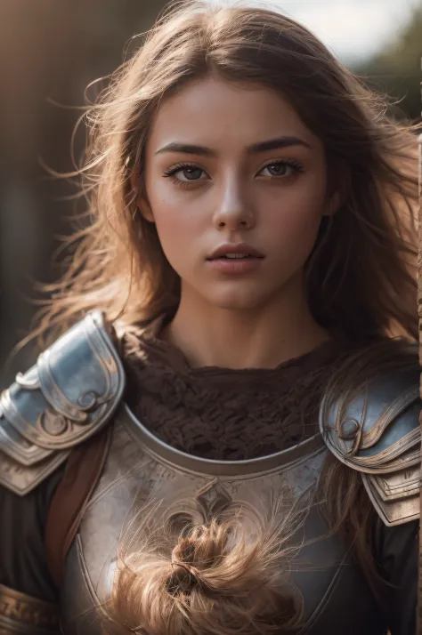 RAW photo, a 22-year-old-girl, Joan d'arc, in medieval battle suit, in the middle of medieval war, (1girl), (realistic), (photo-realistic:1.5), lipstick,(RAW photo, 8k uhd, film grain), Sharp Eyeliner, Blush Eyeshadow With Thick Eyelashes, extremely delica...
