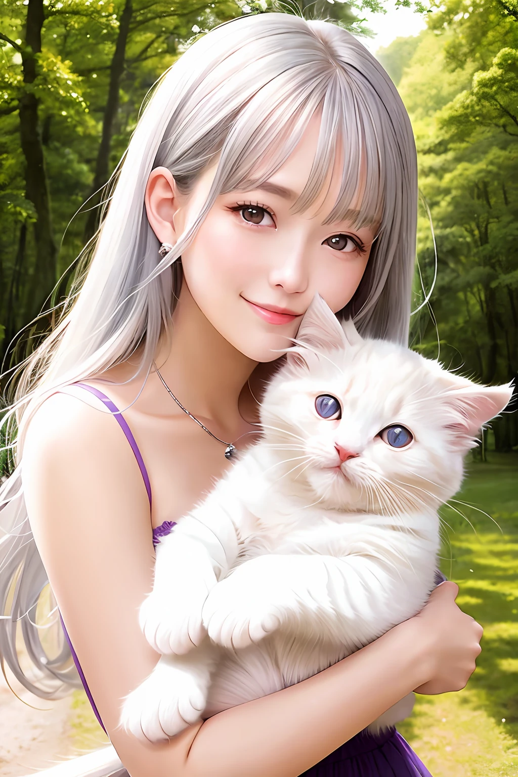 Here is an example of an AI image prompt。：

「Beautiful woman like realistic photo、Has double patchy purple eyes、Smiling gracefully with long silver hair、Generate an image depicting an adorable kitten cuddling scene。The woman's eyes glow dark purple、Long silver hair flutters gracefully in the wind。Kittens with fluffy fur、It's full of cuteness。The background is a bright area with natural light、It's a heartwarming atmosphere。」