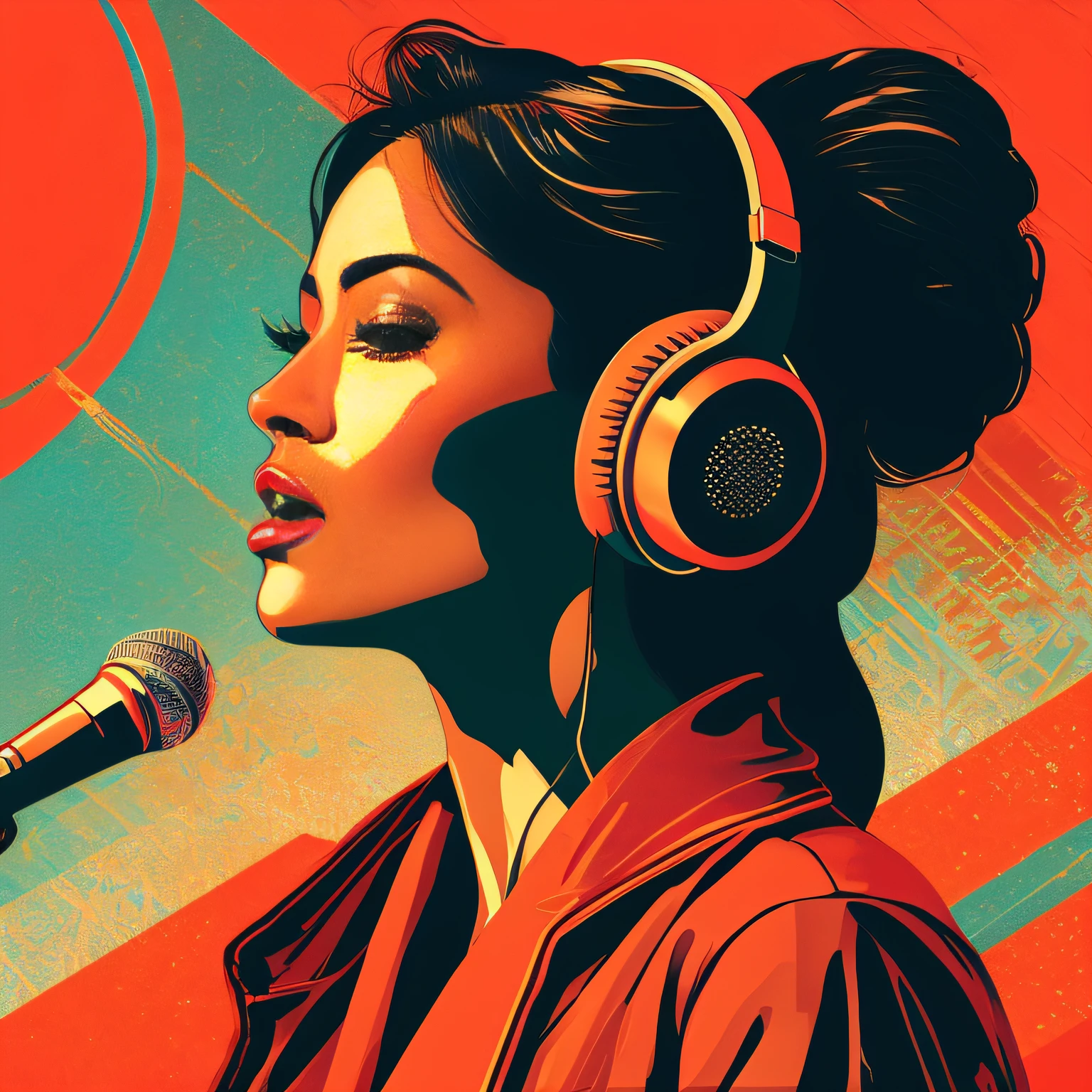 (masterpiece, best quality, beautiful:1.4), a woman with headphones on singing into a microphone, in style of digital illustration, vector artwork, vector art style, extremely high quality artwork, vector style drawing, vector art, jen bartel, digital art style, lowres, detailed vectorart, style digital painting, high quality artwork, digital art high quality, martin ansin artwork portrait, high quality portrait, wallpaper, 8k