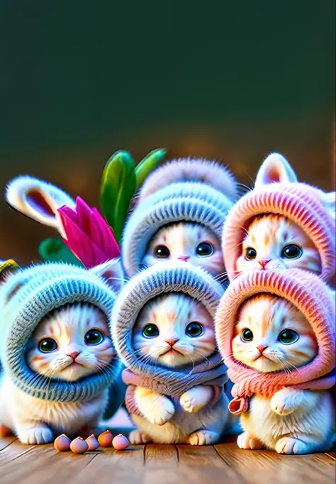 There are four kittens that are wrapped in a blanket, gatos bonitos, painting digital adorable, foto de gato bonito, cute and adorable, render 3D bonito, arte digital  detalhada bonito, lovely and cute, animal bonito, smol fluffy cat wearing smol hat, love...