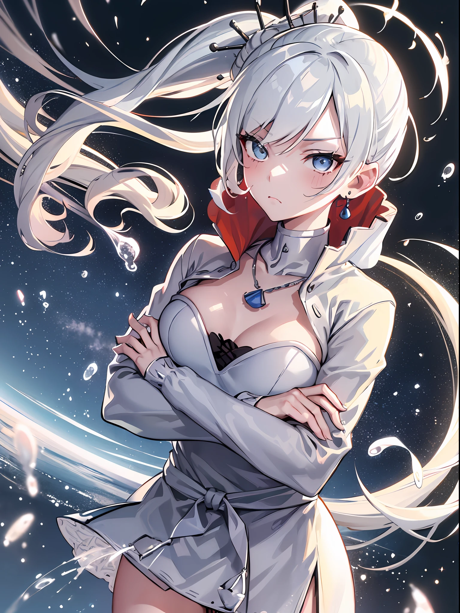 (Masterpiece, Best Quality:1.2), Cowboy shot, solo, 1girl, white colored hair, Vaisvale, expressionless, closed mouth, looking a viewer, crossed arms, pony tail, scar across eye, whitedress, Jewelry, necklace, earings, Average Breasts, upper-body, Spacer frame, erotica, steam, (sperm, sperm on face, sex, on face)