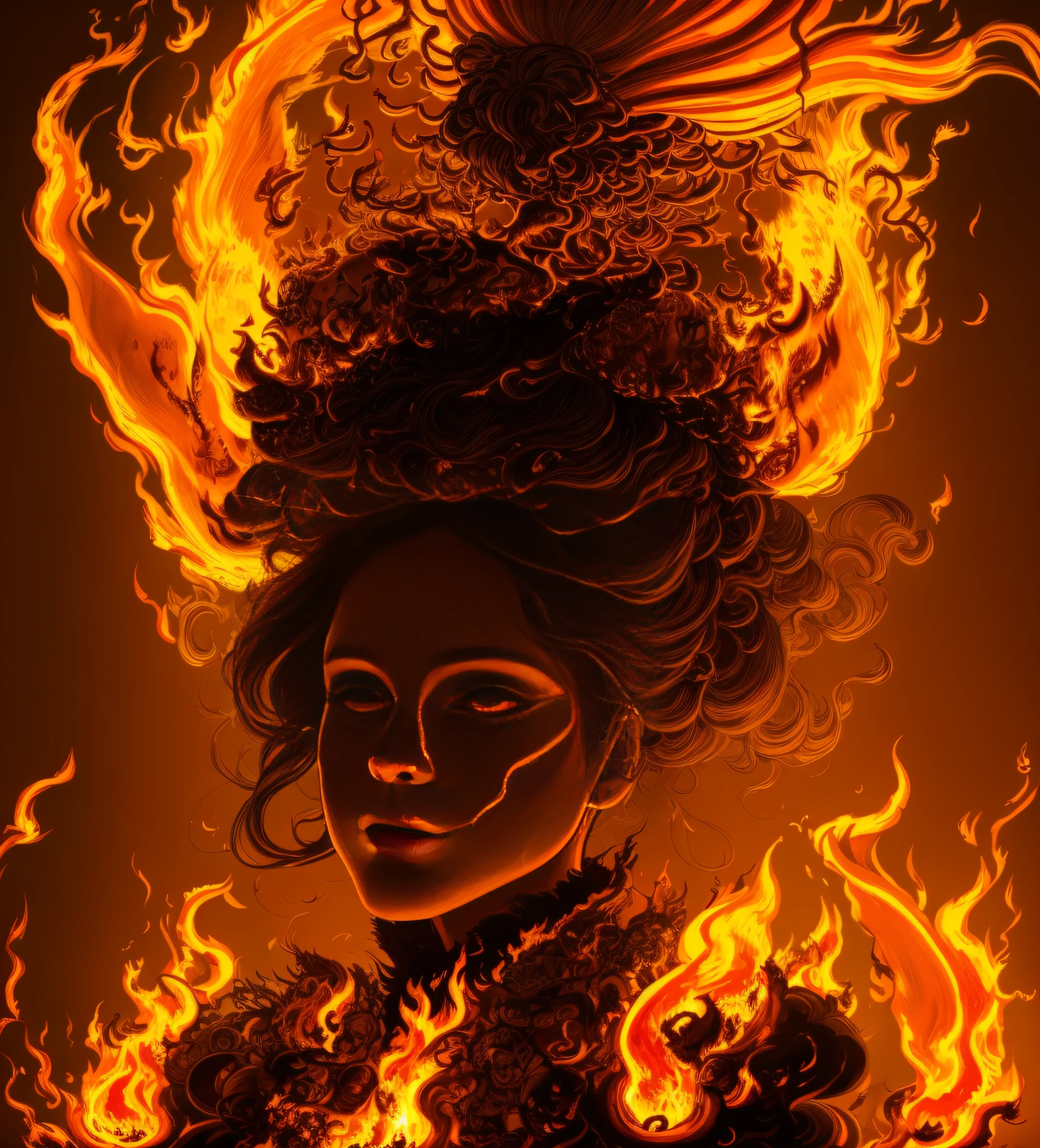 arafed woman with a burning house on her head, all face covered with a fire, burning houses, house on fire, emotional concept art, her hair is made out of fire, housefire, wreathed in flame, fire above head, fires!! hyperrealistic, everything is on fire, her hair is on fire, surrounded with fire, crown of fire