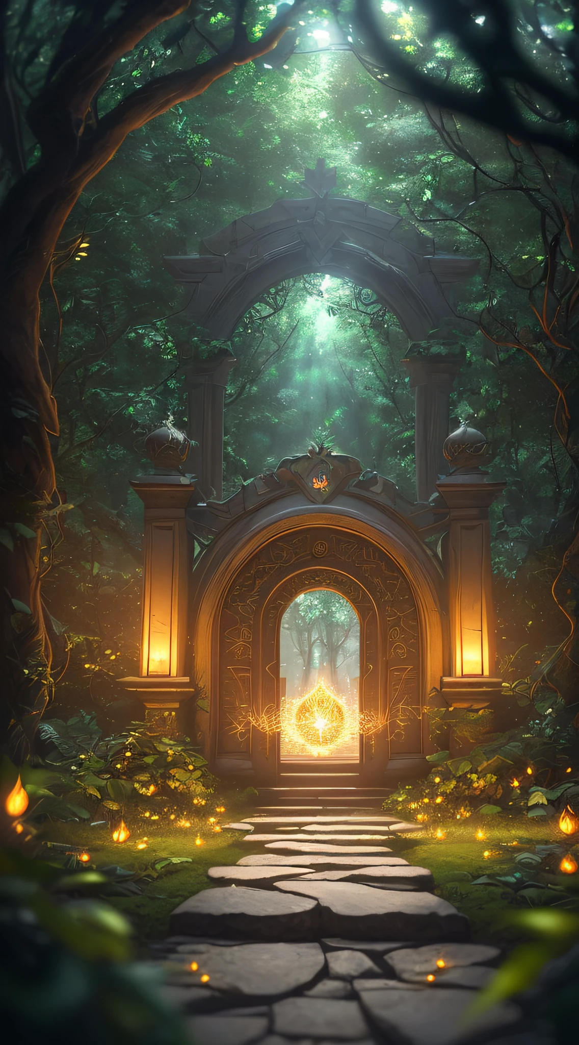 (Digital Artwork:1.3) of (Sketched:1.1) octane render of a mysterious dense forest with a large (magical:1.2) gate (portal:1.3) to the eternal kingdom, The gate frame is designed in a round shape, surrounded by delicate leaves and branches, with fireflies and glowing particle effects, (UI interface frame design), (natural elements), (jungle theme), (square), (leaves) , (twigs), (fireflies), butterflies, (delicate leaves), (glow), (particle effects, light engrave in intricate details, (light particle:1.2), (game concept:1.3), (depth of field:1.3), global illumination,Highly Detailed,Trending on ArtStation.