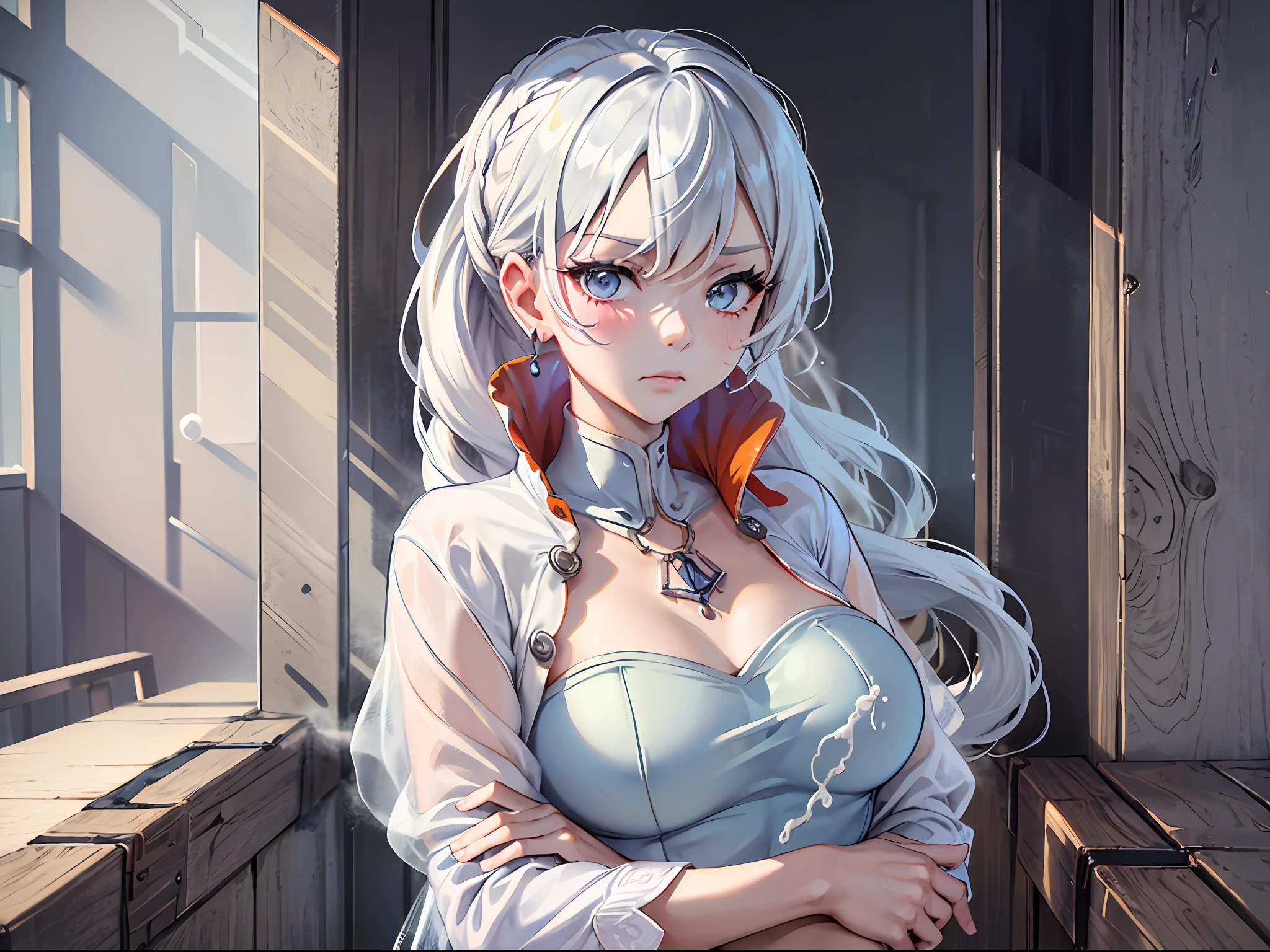 (Masterpiece, Best Quality:1.2), Cowboy shot, solo, 1girl, white colored hair, Vaisvale, expressionless, closed mouth, looking a viewer, crossed arms, pony tail, scar across eye, whitedress, Jewelry, necklace, earings, Average Breasts, upper-body, Spacer frame, erotica, steam, (sperm, sperm on face, sex), Generally chubby, bitchy, High commercial branch,