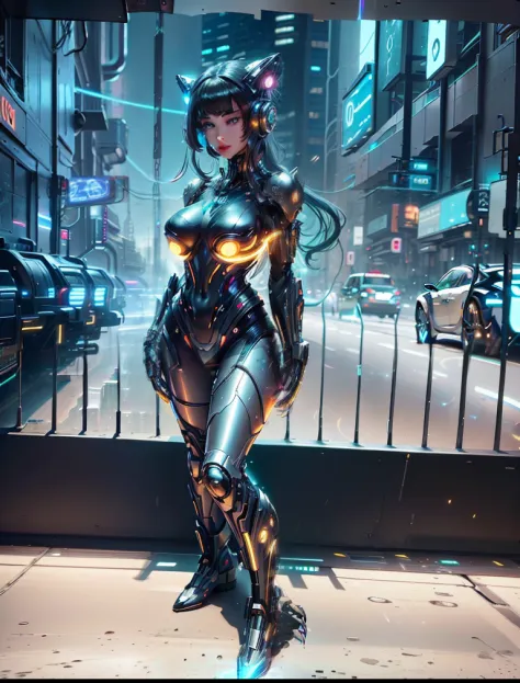 A cybernetic woman with electric eyes, burning metallic hair, piel iridiscente con patrones de circuitos, nails sharp as claws, y una mirada misteriosa. The neon light of the environment reflects on its metallic curves as it rises majestically over a futur...