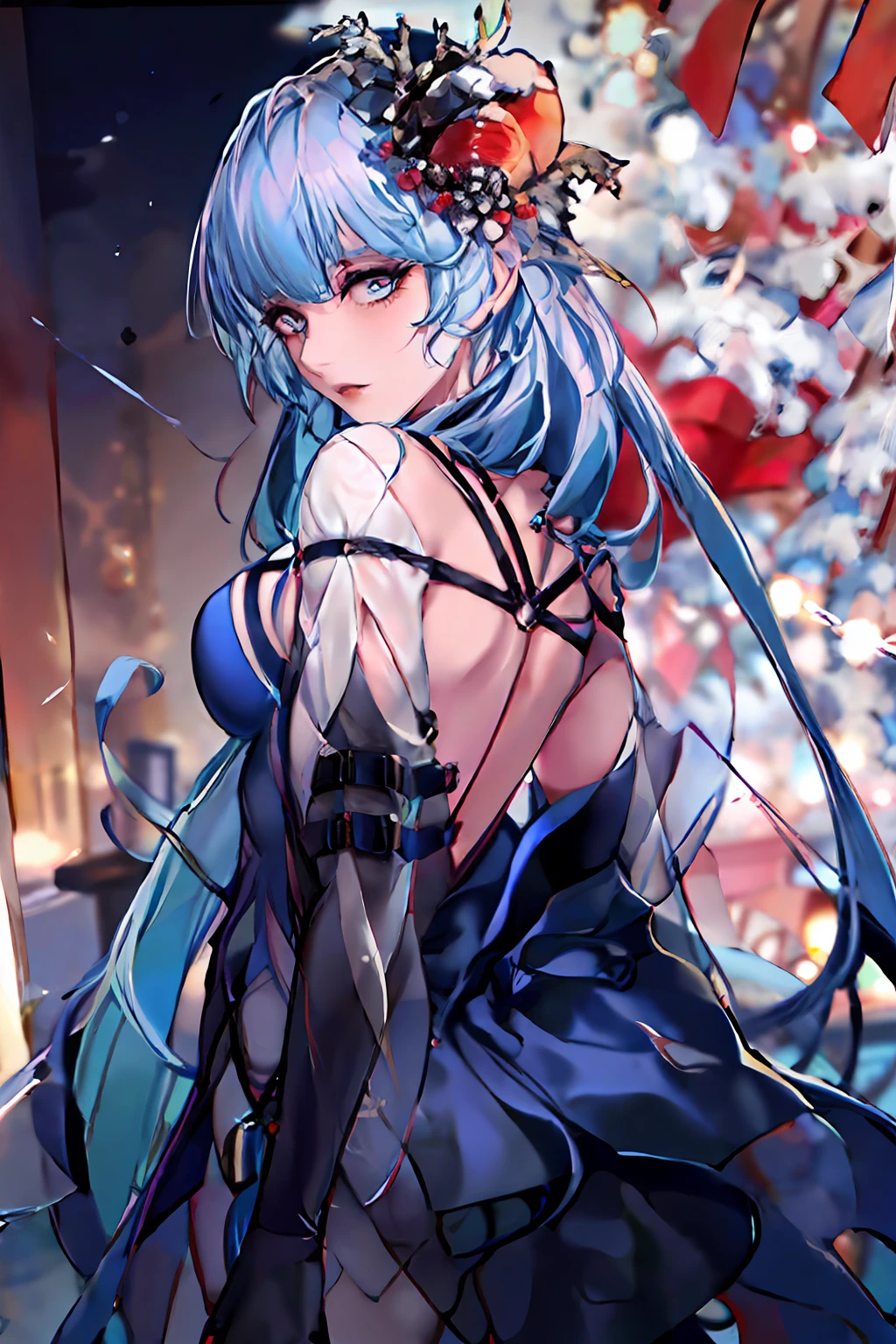 Anime girl in a blue dress with a flower in her hair - SeaArt AI