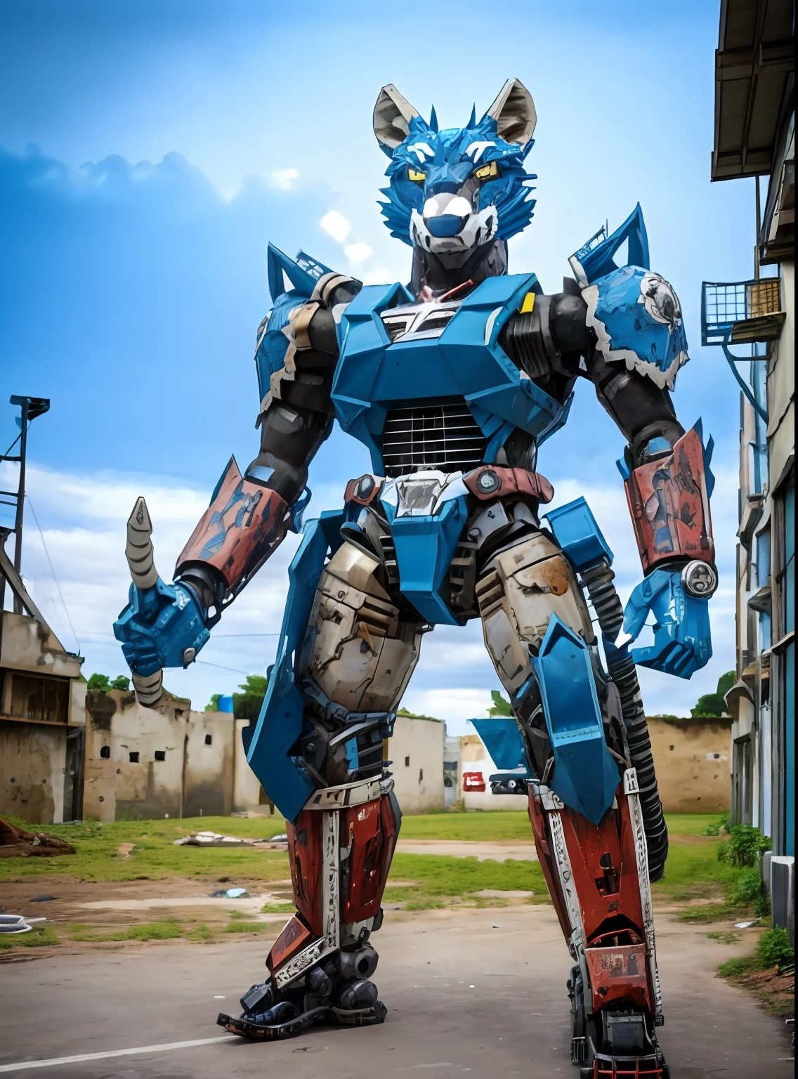 Megazord hombre lobo azul, futuro post apocalíptico, ultra detallado, cabeza de lobo mecanica, de pie