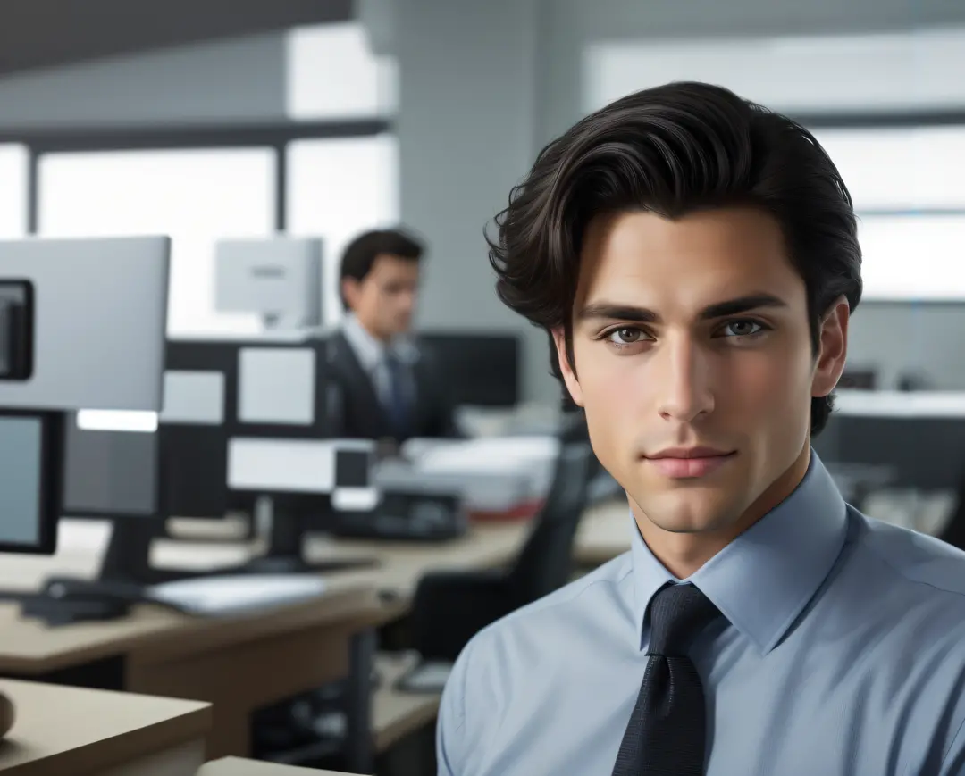 Image of a handsome Caucasian male clerk in an office, staring into the camera, black hair, Observe the rule of thirds, locate to the right of the image, wide angle lens, 5 meter distance from the camera, landscape, man, young, handsome face, detailed face...
