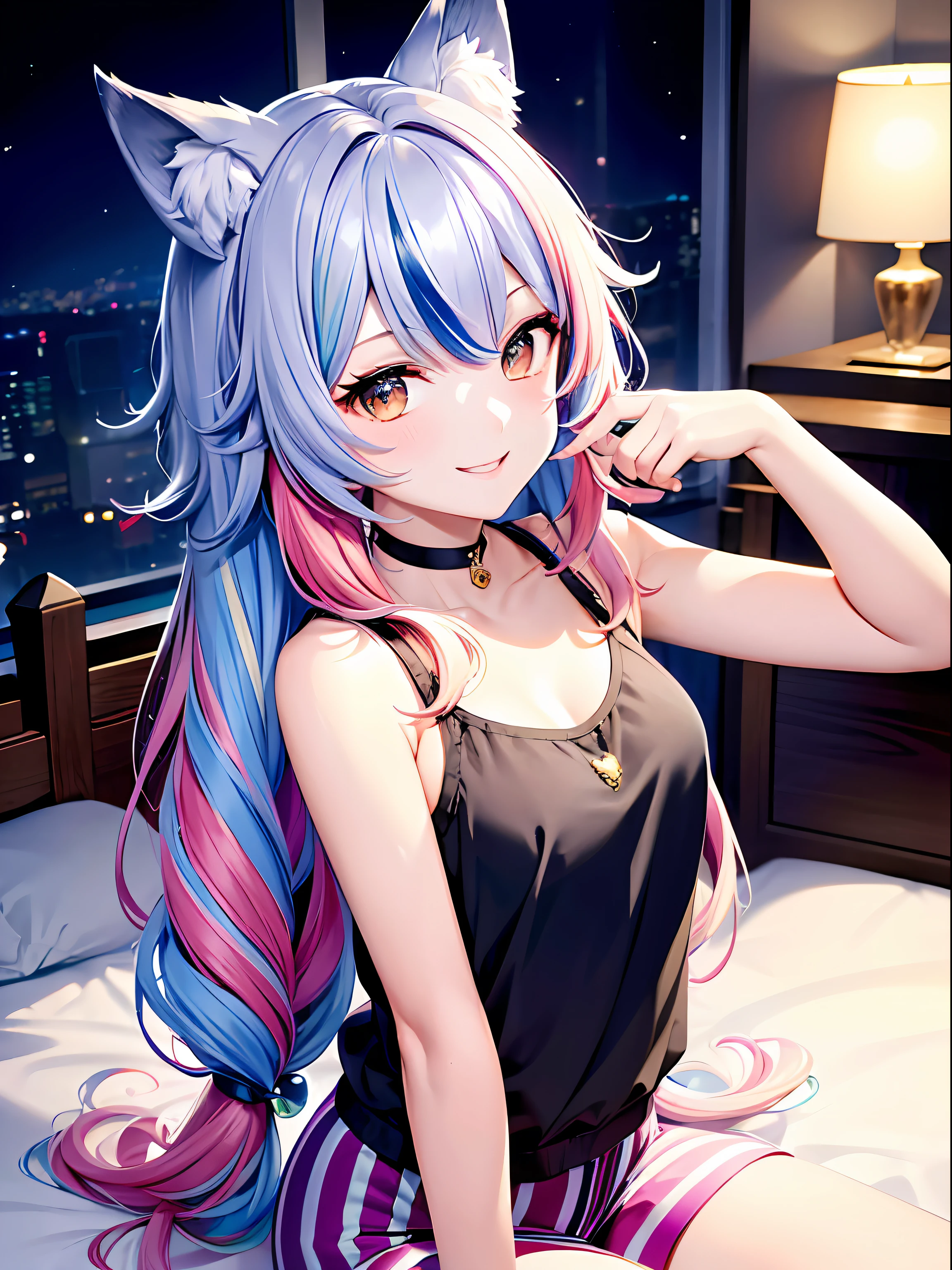 Close up, upper body, 1 girl, smile, wolf ears, wolf tail, random eyes: 10, hair between eyes, split color hair: 5, (((Colorful hair color: 1))))), (((Random hair color: 1)))), Colorful hairstyle: 5, Striped hair, Long hair, hair end jewels, (Cute random Cadeza tank top: 5 random hot pants figure in 5A: 15), super luxurious bedroom and cute interior with jewels, AI: 5, (on the bed: 15), sit in, embarrassingly look at the viewer and laugh, blush, night landscape,