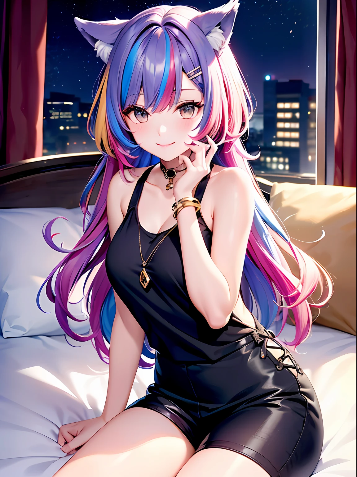 Close up, upper body, 1 girl, smile, wolf ears, wolf tail, random eyes: 10, hair between eyes, split color hair: 5, (((Colorful hair color: 1))))), (((Random hair color: 1)))), Colorful hairstyle: 5, Striped hair, Long hair, hair end jewels, (Cute random Cadeza tank top: 5 random hot pants figure in 5A: 15), super luxurious bedroom and cute interior with jewels, AI: 5, (on the bed: 15), sit in, embarrassingly look at the viewer and laugh, blush, night landscape,