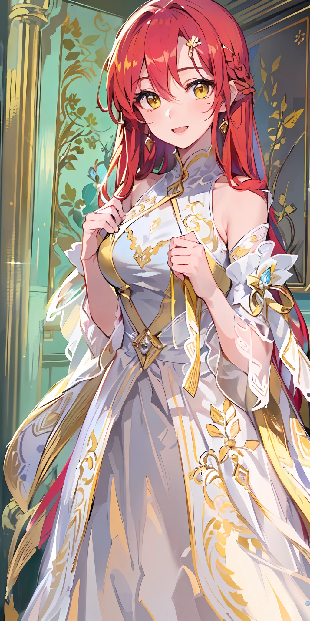 ((best quality, masterpiece)), (1girl, solo, sharp face, dynamic angle, emotional face, very happy face, long hair, red hair, hair between the eyes, yellow eyes, finely detailed beautiful eyes:1.2), (beautiful detailed face), (beautiful dress), (an extremely delicate and beautiful), high contrast,