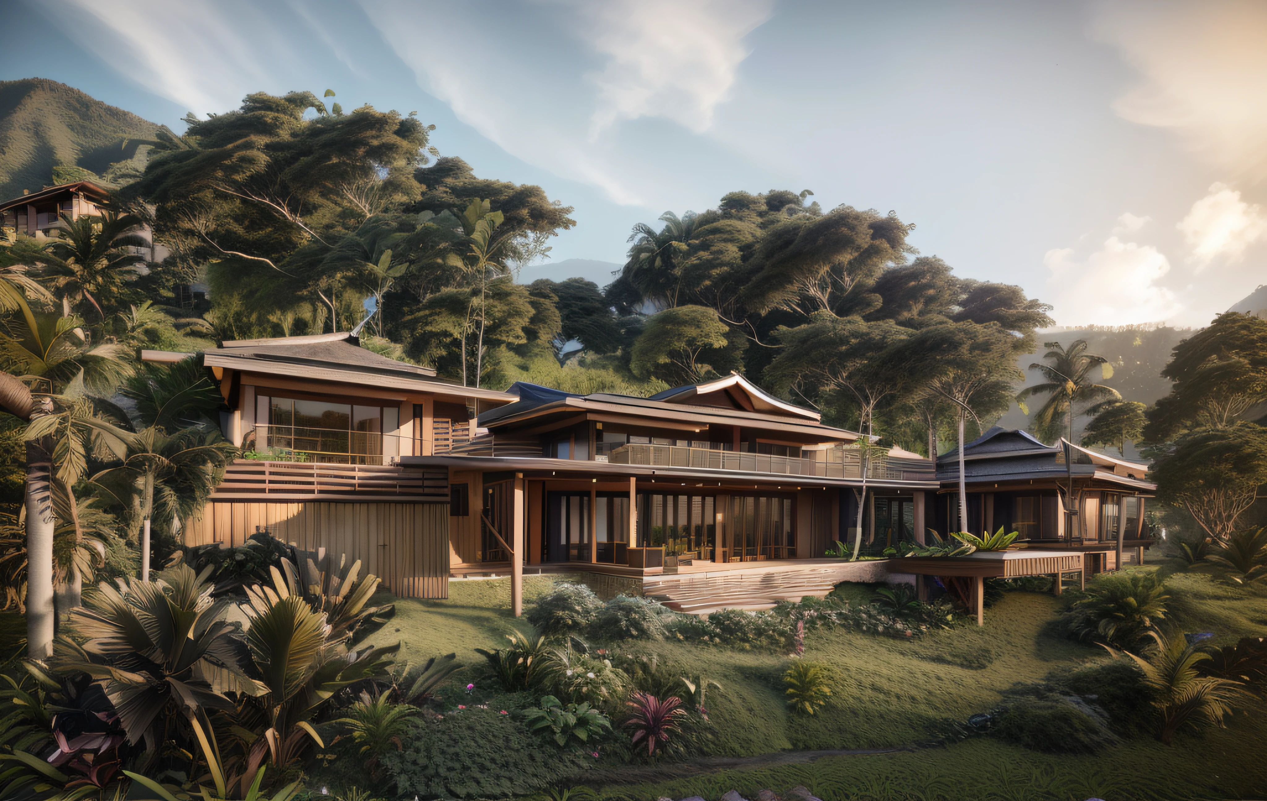 hiperrealistic High-end luxury Bali destination villa resort , located on the nearby stepped hillside, Natural elements, Indonesia, concrete walkway, award-winning project, RAW photo, hiperrealistic rendering, 2023, rendering of a small wooden house with a covered porch and a covered porch, luxurious wooden cottage, frontview, architectural 3 d render, architectural rendering, front view dramatic, Local materials such as hardwood timbers, lava stone and native vegetation, visually rich and tactile accent, clean architectural lines of the modern homes and club, Topographical level changes across Villa Lots, interesting and dramatic terraces, roof gardens, Large overhangs to the roof and bi-fold
doors, really detailed, beautifully rendered, concept house, wooden cottage, detailed rendering, precise architectural rendering, front side view, exterior design, resort, villages, unreal engine, unreal engine 5 highly rendered, rendered in unreal engine 5, ultra-realistic graphics, architectural visualization, 8 k landscape render, bali, rendered in corona, created in unreal engine 5, surrounded by trees and grass, bali, sustainable architecture, exterior shot, award-winning render, a wide full shot, architectural rendering, organic architecture, high quality rendering, architectural render, mantra rendering, medium full shot, resort, by vincent callebaut, architectural visualization, in style of norman foster, in the middle of the jungle, vincent callebaut, exterior shot, full body view, bamboo huts style, a wide full shot, true realistic image, polynesian style, luxurious wooden cottage, medium full shot, bali, highly detailed.