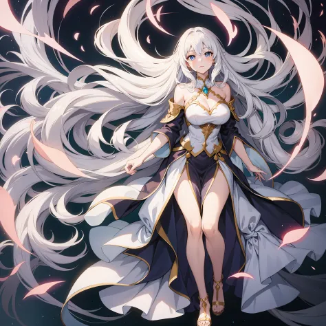 Illustrate an anime girl with flowing hair, adorned in an elegant gown, and surrounded by a soft glow of magic, white hair, full...