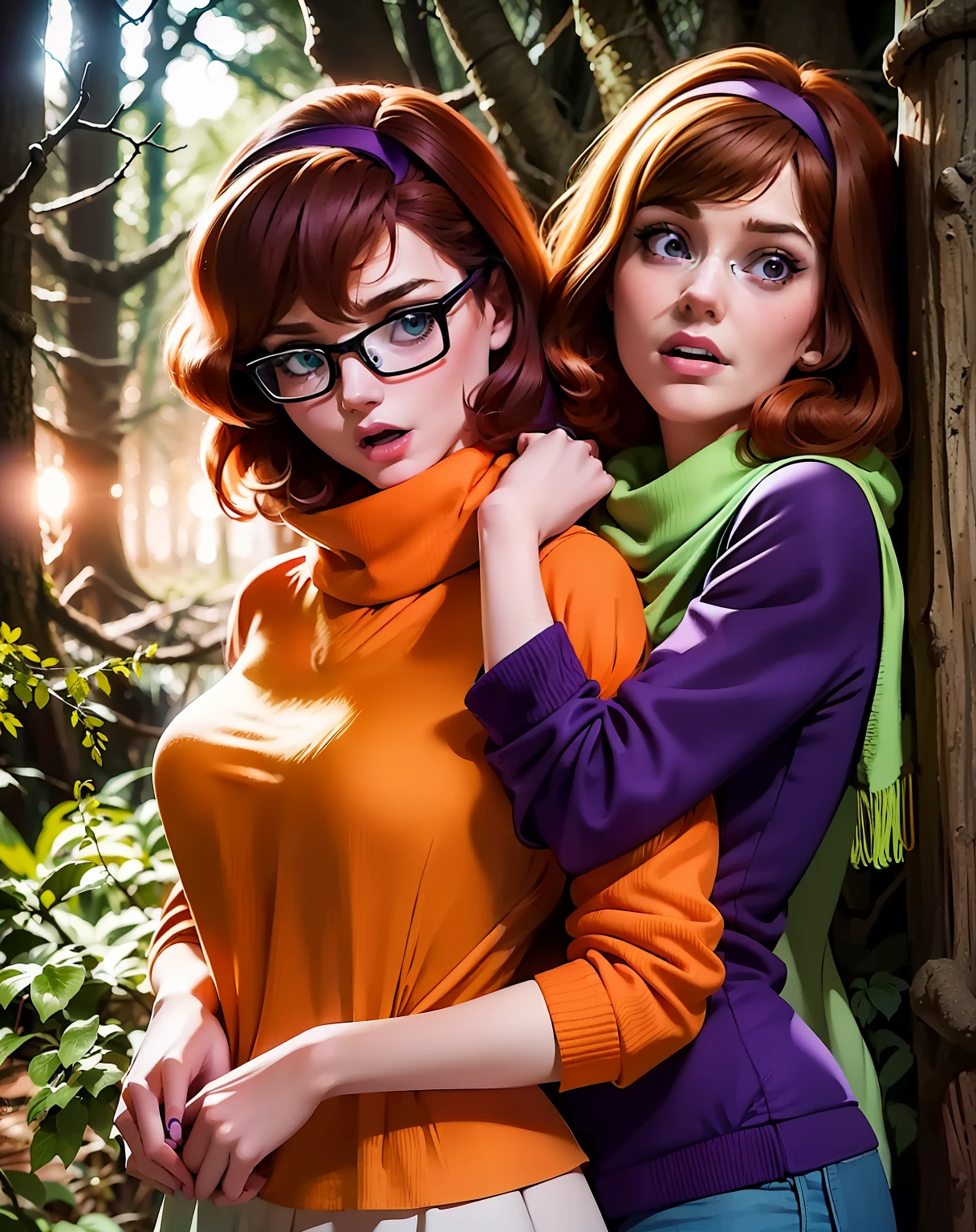 two girls hugging outdoors, velma (velma short hair, mop hairstyle no hairband), and, her friend, Daphne, (she has big 60s style long orange brown hair with a purple hairband), and a purple sweater and green scarf, velma has thick glasses, daphne no glasses, both are very pretty, good looking, sexy, cute, realistic, beautiful eyes, in the middle of a dark forest, in the woods, forest background, at night, creepy branches, 70s style, evening, both look scared, mouths open, tense, tension, frightened, fright