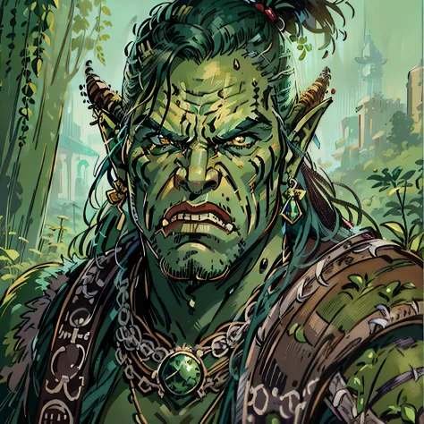 half orc warchief, green skin, angry, RPG character, medieval fantasy, close up portrait
