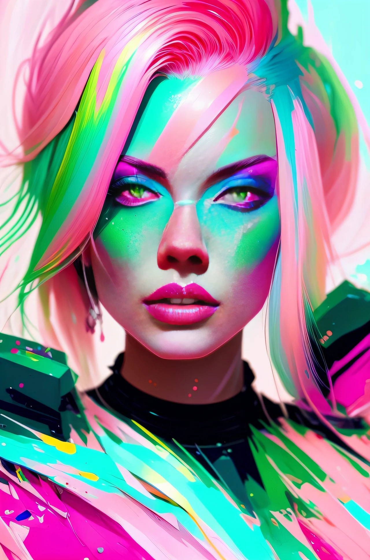 a painting of a woman with green hair and pink makeup, painting by android jones, rossdraws pastel vibrant, vibrant digital painting, beeple and jeremiah ketner, dripping in neon paint, art of alessandro pautasso, colorful digital painting, glitched fantasy painting, artgerm julie bell beeple, die antwoord yolandi portrait