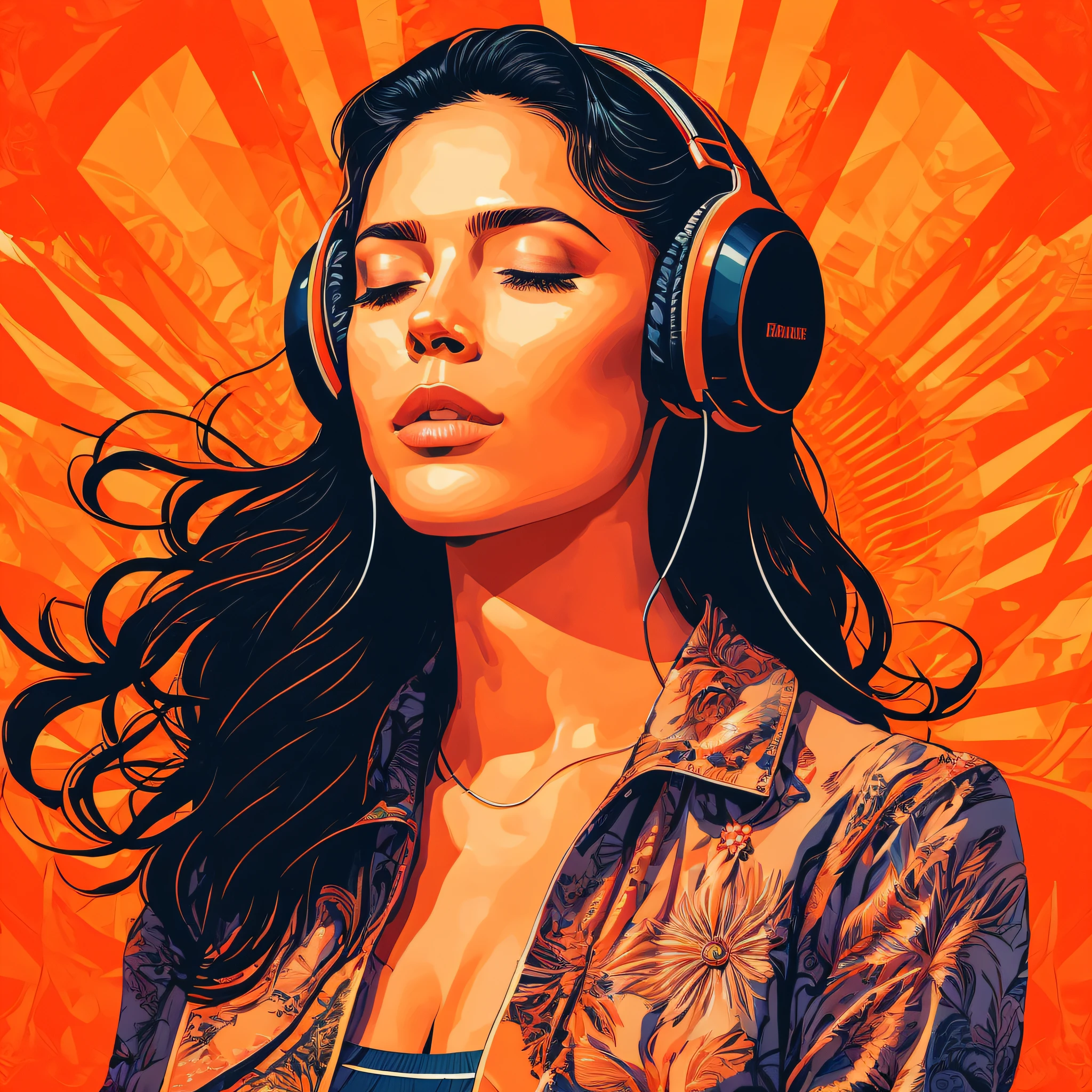 a close up of a woman with headphones on and a sun in the background, (closed eyes:1.5), (extreme details, extremely intricate:1.6), martin ansin artwork portrait, martin ansin, jen bartel, in style of digital illustration, highly detailed vector art, vector art style, extremely high quality artwork, high quality artwork, vector artwork, hq artwork, stunning digital illustration, detailed digital artwork, vector art, stunning art style