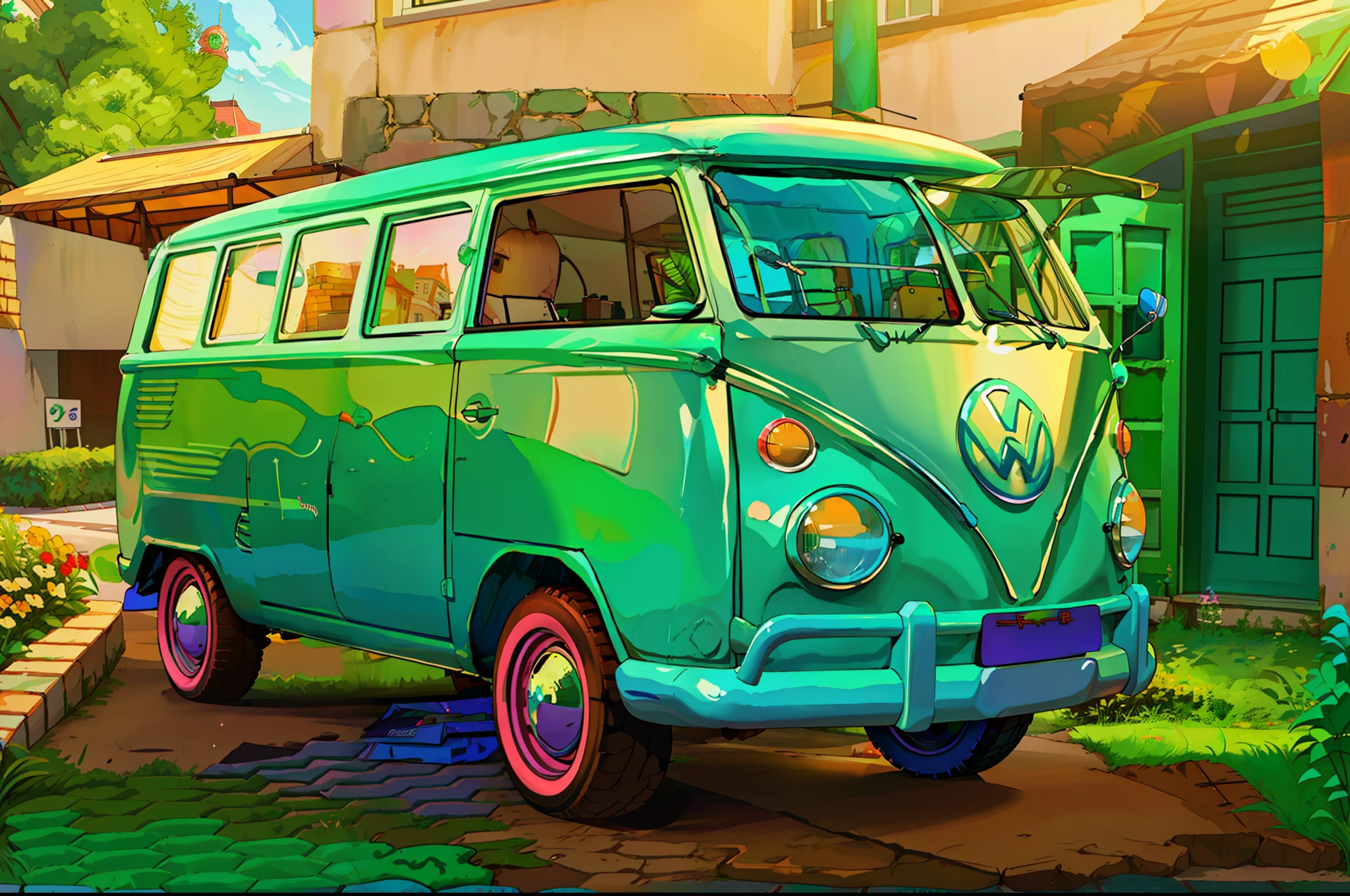 Green and white VW bus parked on brick road, Carrinha, microbus, vw bus on a street, vw microbus driving, Bullies, Foto de Perfil frontal, Perfil frontal, vista frontal lateral, 1959, Tipo - 2, 1 9 5 8, 1958, 1961", 1957, hippie