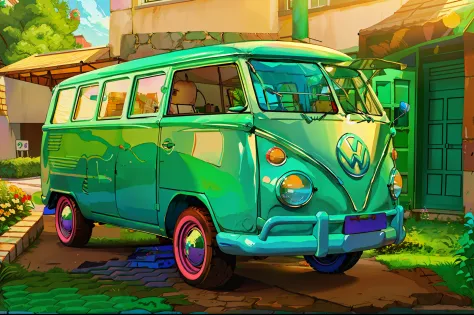 Green and white VW bus parked on brick road, Carrinha, microbus, vw bus on a street, vw microbus driving, Bullies, Foto de Perfi...