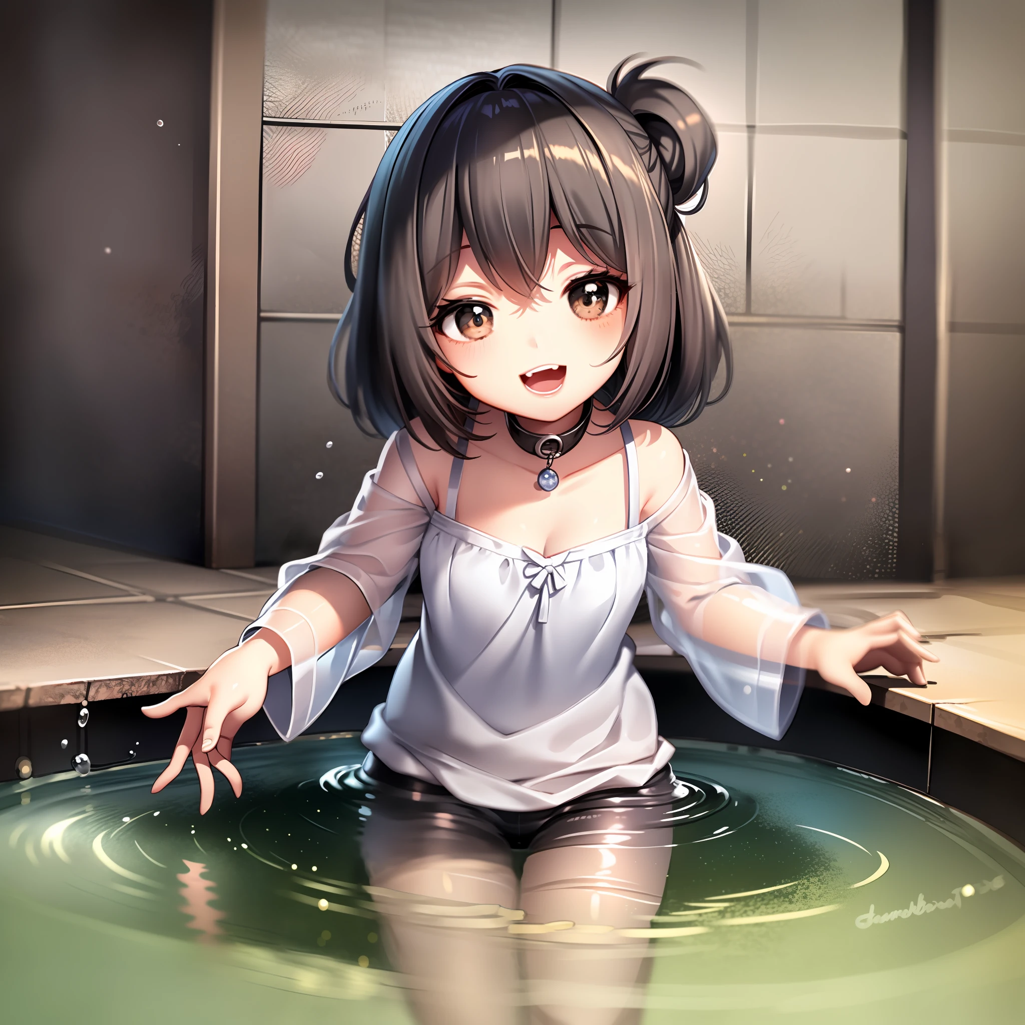 Long cute little girl playing in the water，Sprinkle water by hand，having fun，kawaii，tmasterpiece，Need，largeeyes