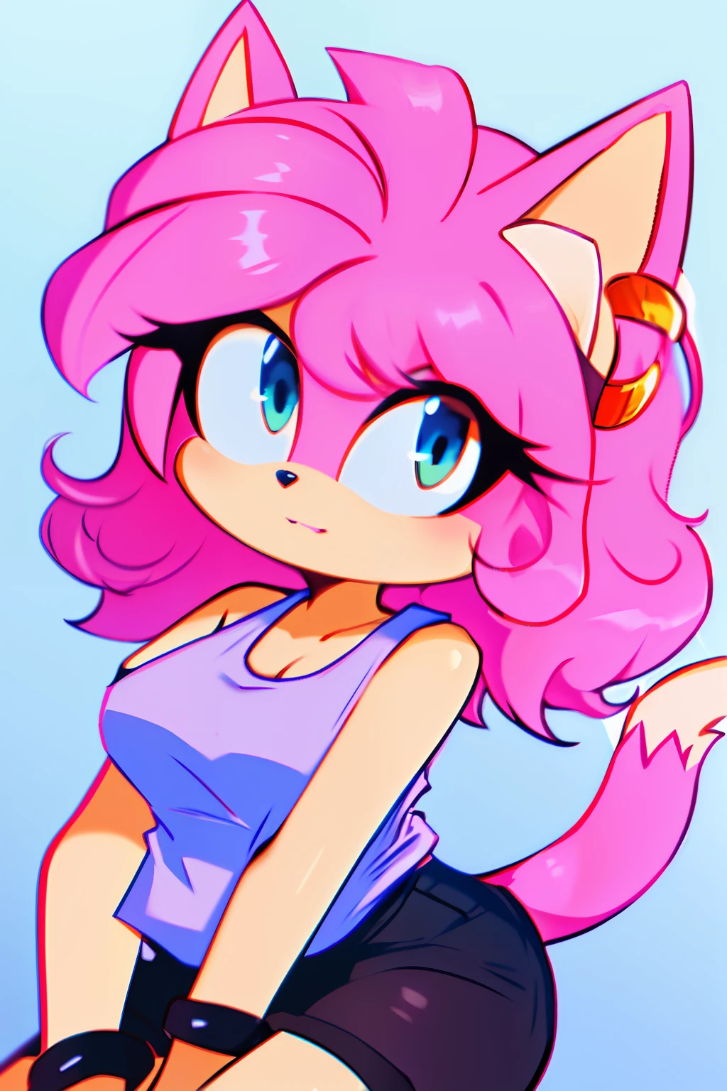 1girl, light pink fur, cat, long pink curly hair, masterpiece, (white tank top:1.4), bra straps, 4k, black shorts, purple wrist rings, turquoise eyes, earrings, fluffy tail